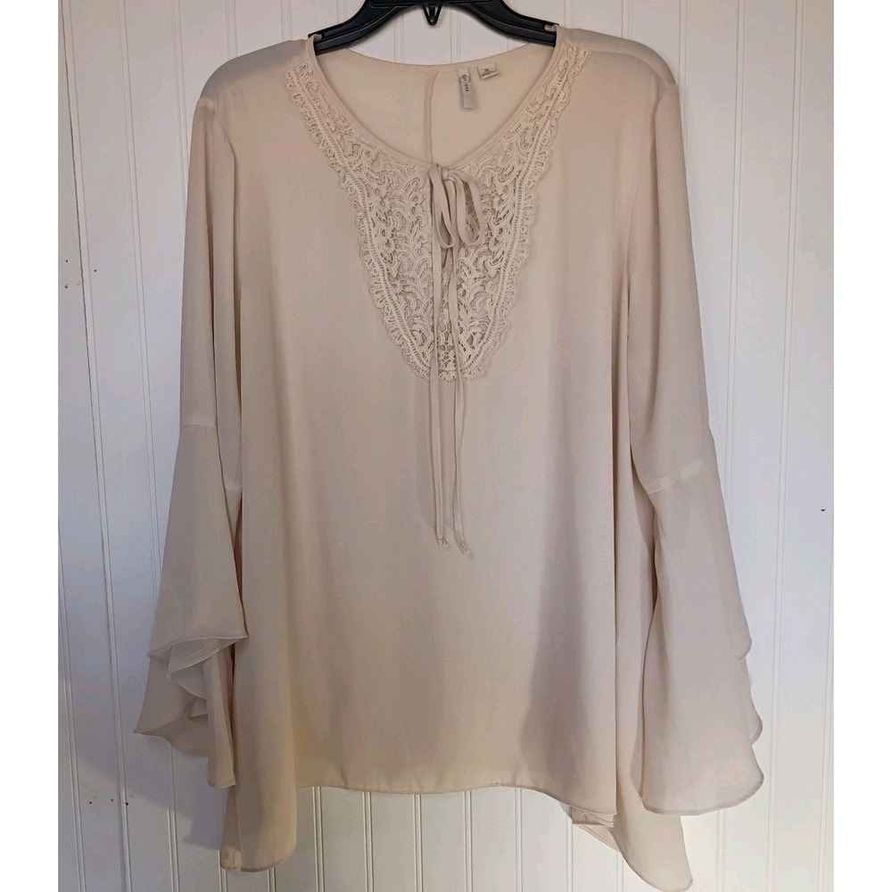 Est 1946 Womens XL Sheer Blouse Top Bell Sleeve Tie Front‎ Beige Color EUC